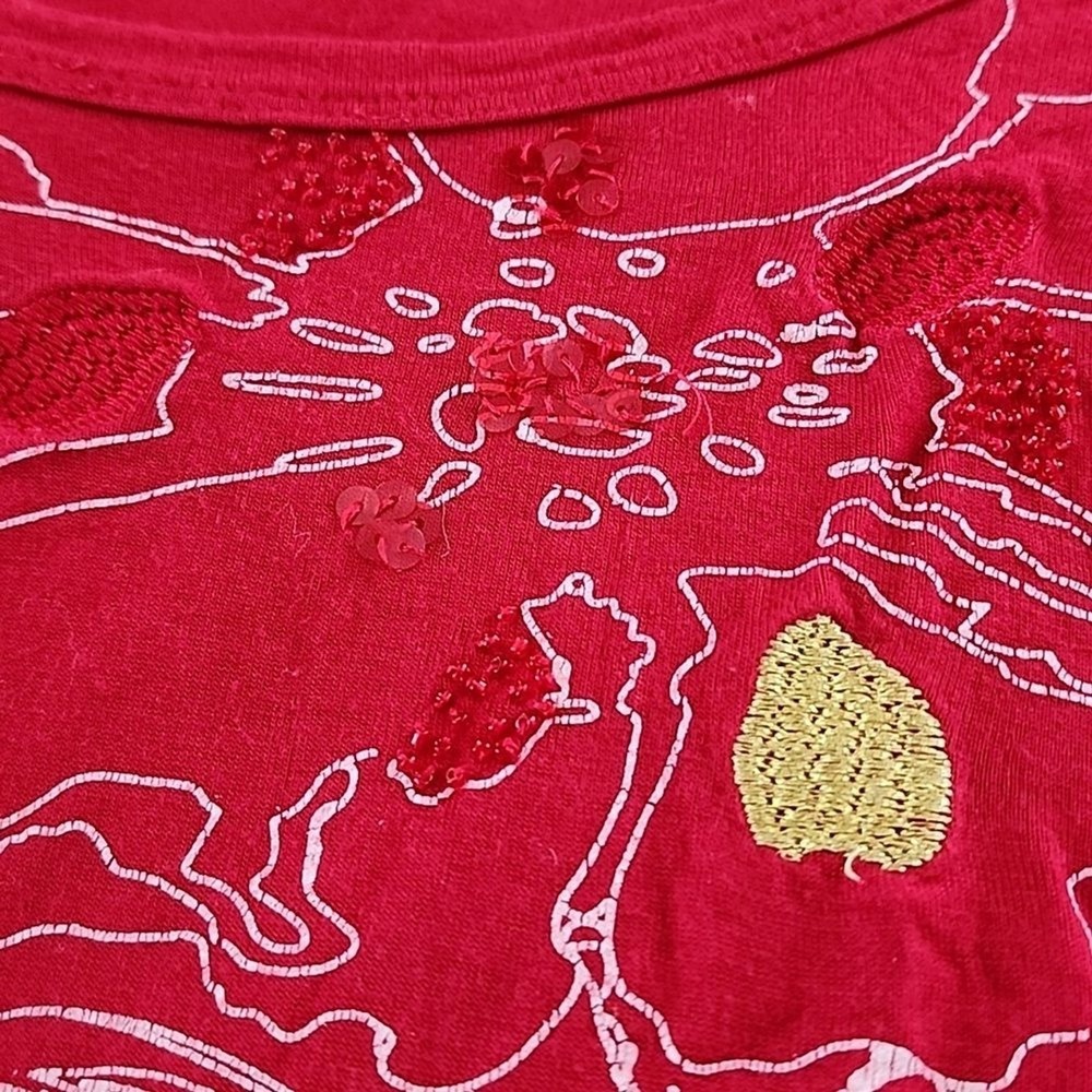 Bella Carra Graphic Tee Women's Large Red Floral Sequin Y2K Boho Embroidered - Picture 9 of 10